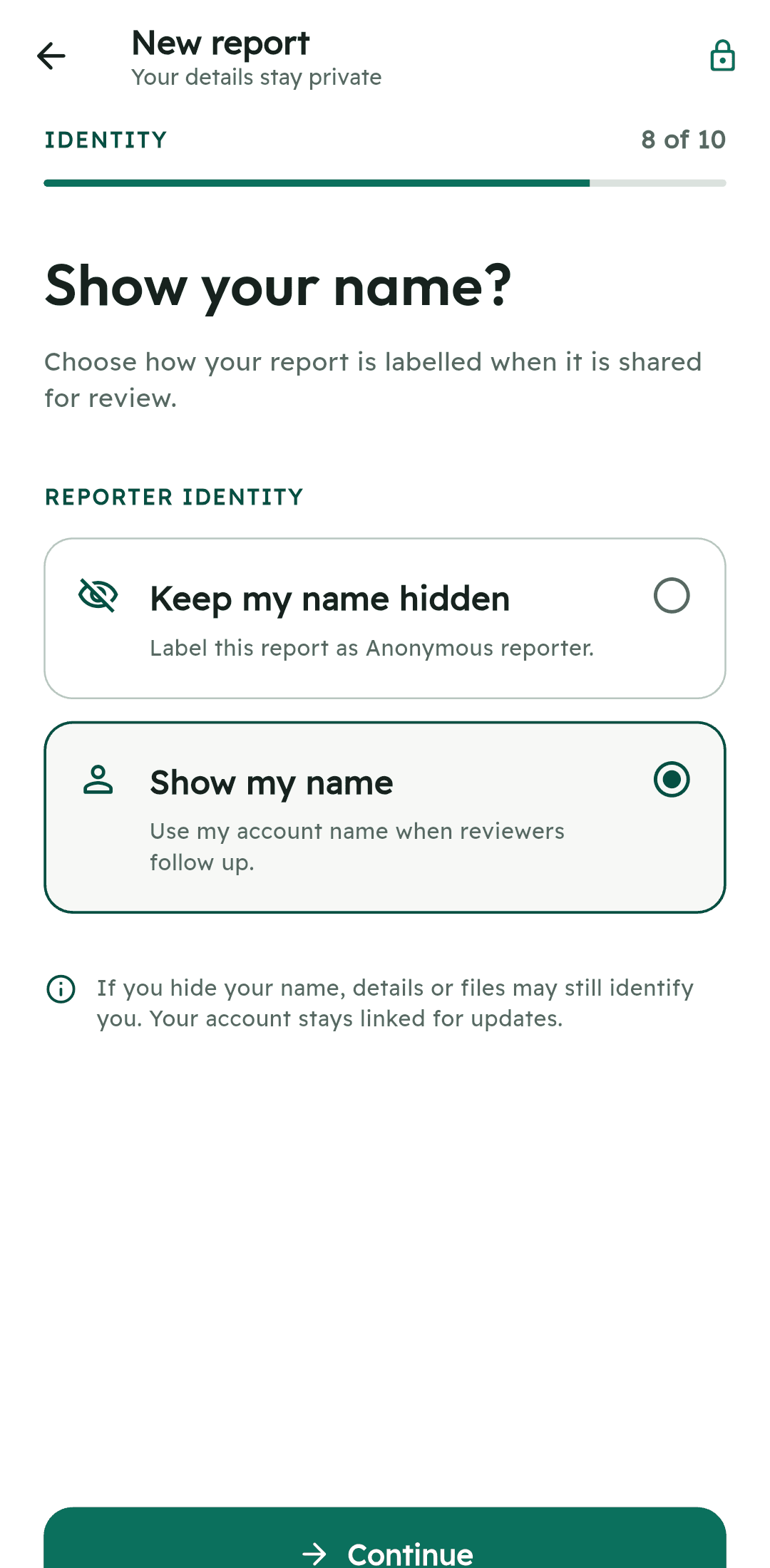 AfriPact report screen showing the choice to hide or show your name, with an explanation that report details may still identify you